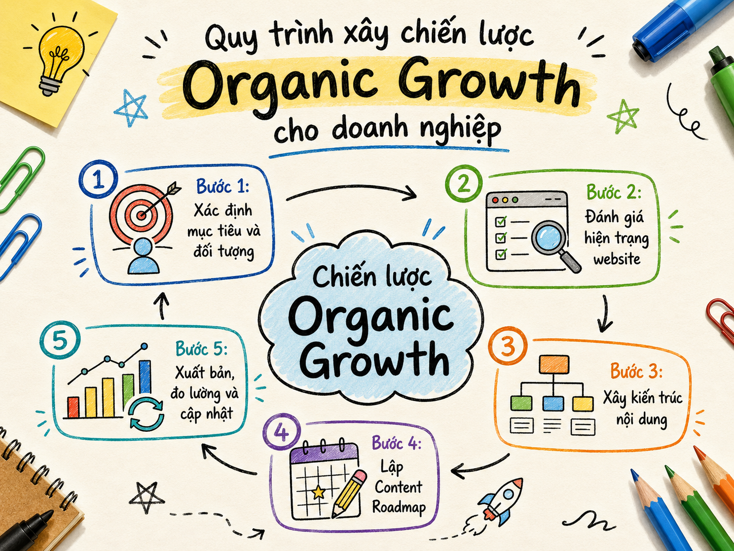 Infographic năm bước xây chiến lược Organic Growth cho doanh nghiệp
