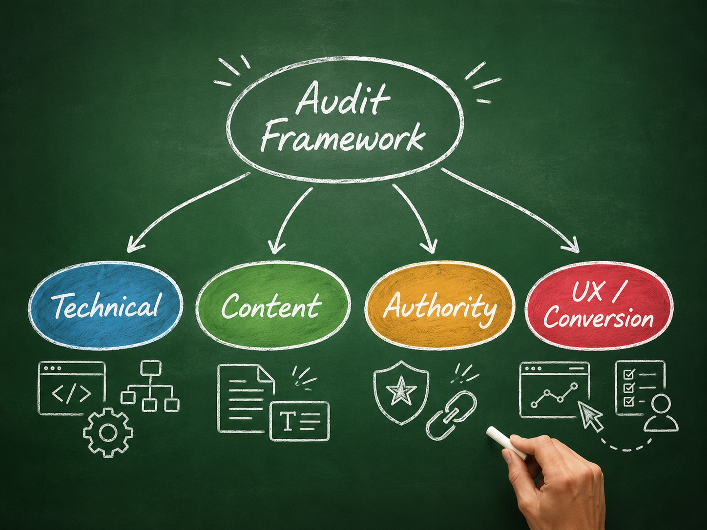 Sơ đồ quy trình SEO Audit gồm Technical, Content, Authority và UX Conversion