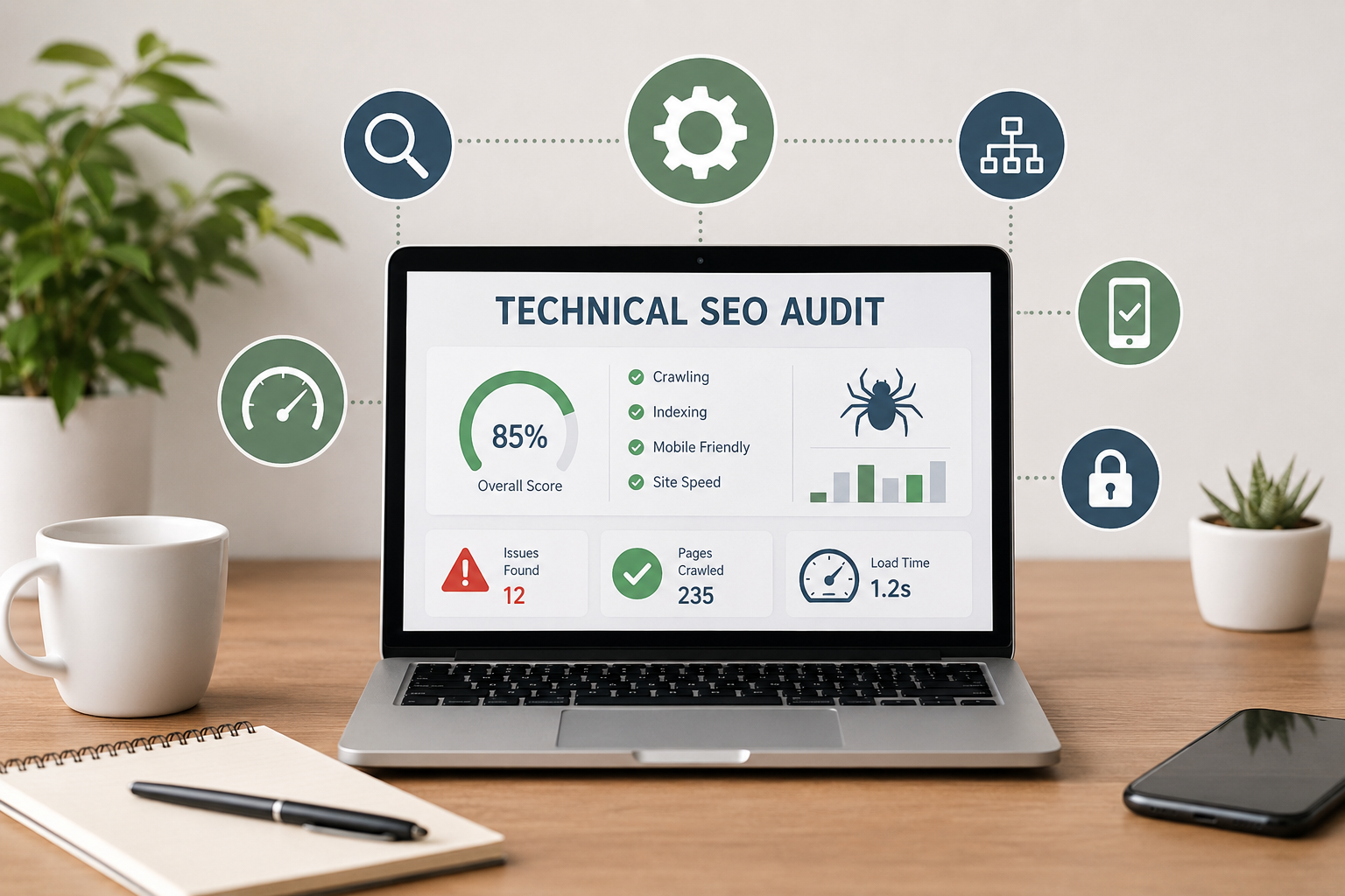 Màn hình phân tích Technical SEO Audit với các chỉ số crawl, index, tốc độ và khả năng hiển thị trên mobile