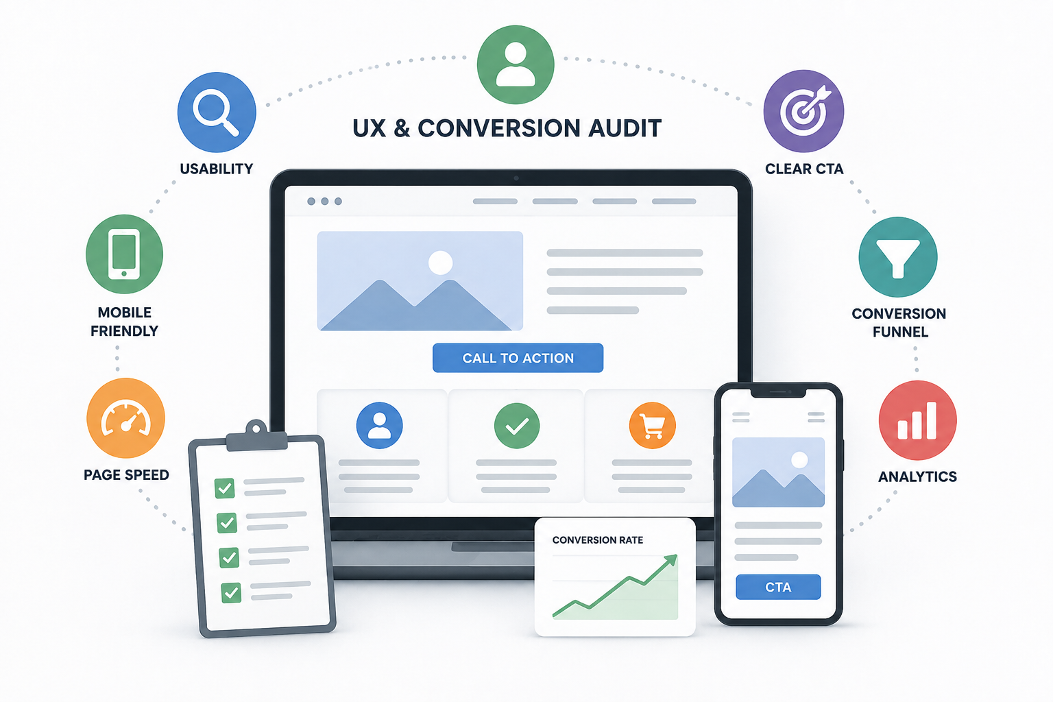 Sơ đồ UX và Conversion Audit với website, thiết bị di động, CTA, tốc độ và phân tích chuyển đổi