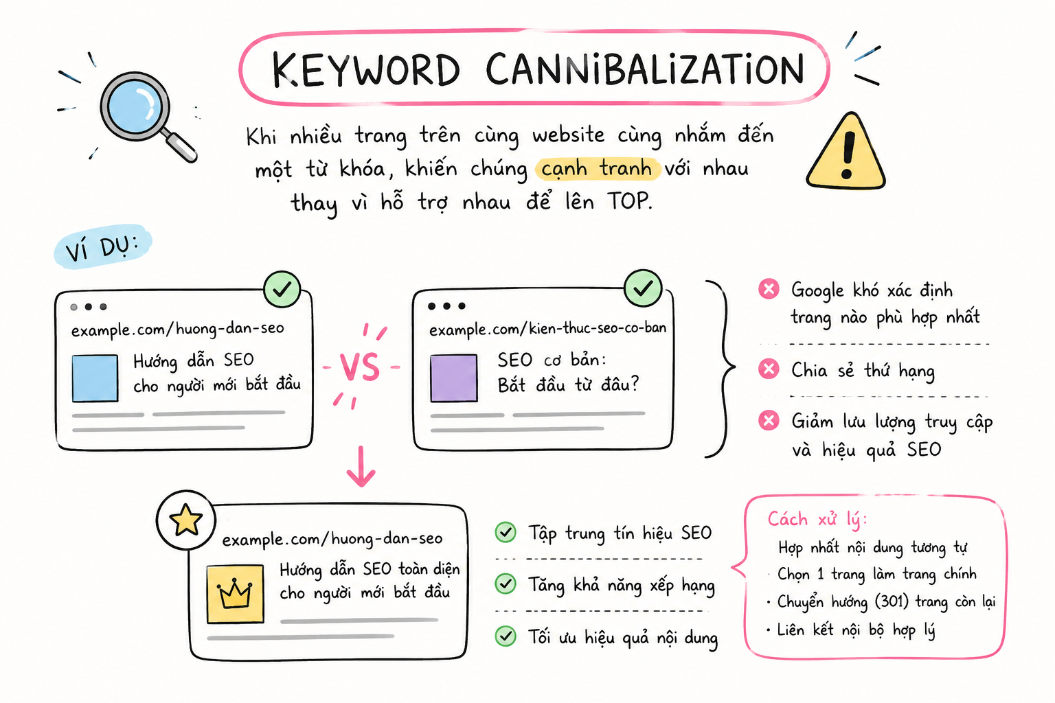 Minh họa keyword cannibalization khi nhiều URL cùng cạnh tranh cho một nhóm từ khóa
