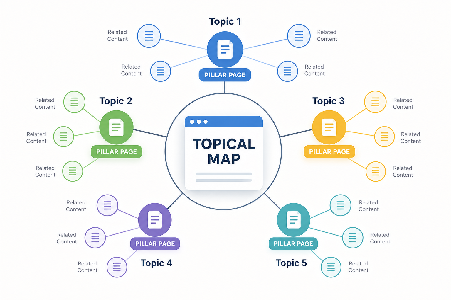 Topical Authority Là Gì? Cách Xây Topical Map Và Topic Cluster Cho Website 9 Sơ đồ Topical Map gồm các chủ đề chính, Pillar Page và nội dung liên quan