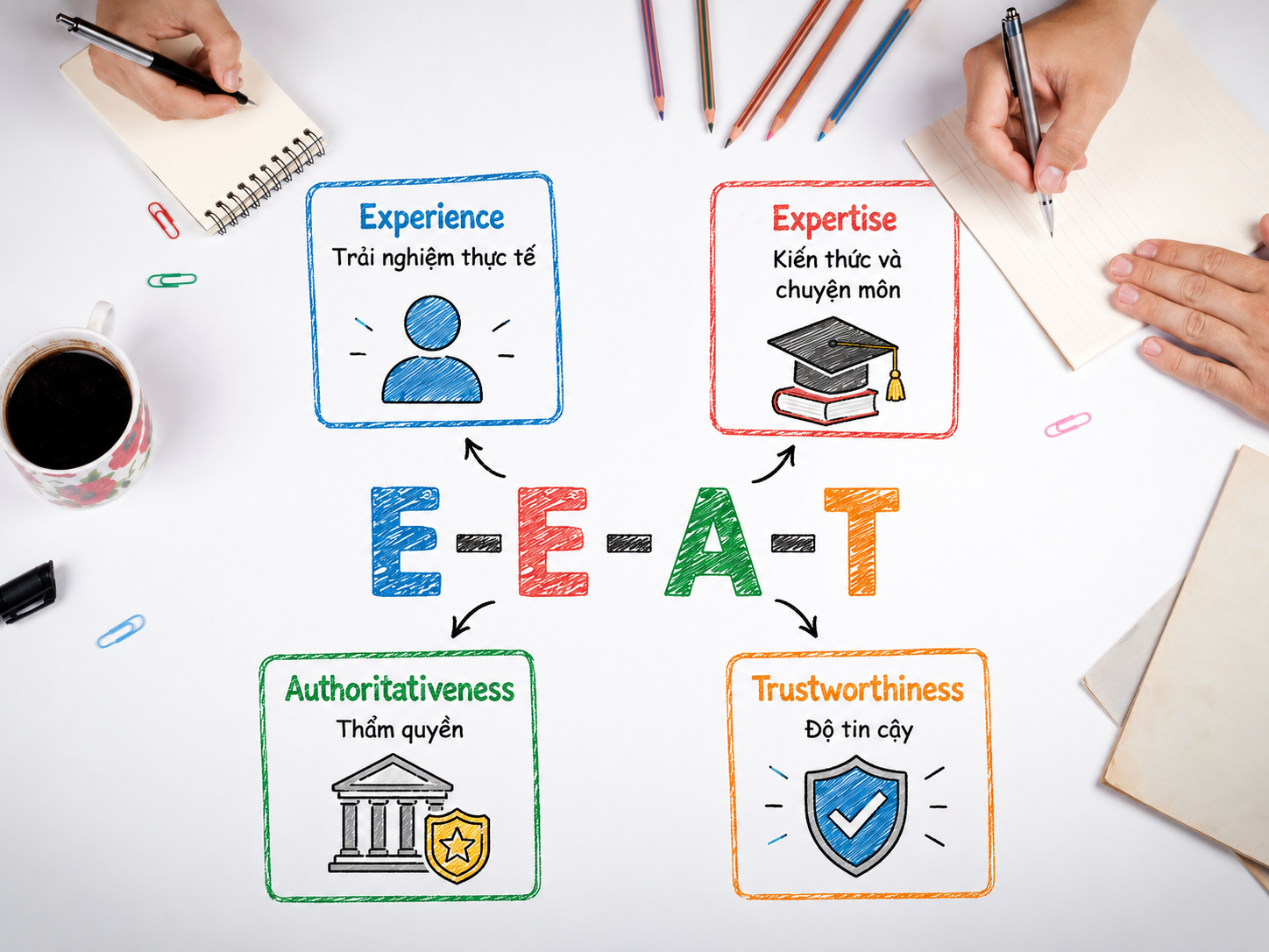 E-E-A-T Là Gì? Checklist Xây Tín Hiệu Kinh Nghiệm, Chuyên Môn Và Uy Tín 8 Sơ đồ bốn thành phần E-E-A-T gồm trải nghiệm thực tế, kiến thức chuyên môn, thẩm quyền và độ tin cậy