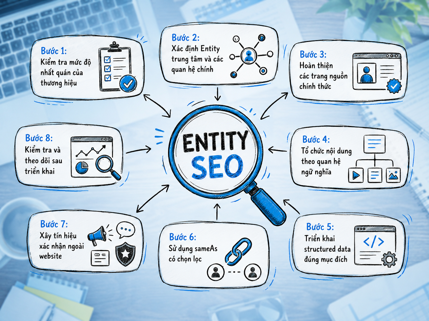 Entity SEO Là Gì? Cách Giúp Google Hiểu Thương Hiệu Và Chủ Đề Website 8 Sơ đồ 8 bước triển khai Entity SEO, từ kiểm tra thông tin thương hiệu đến theo dõi và đánh giá kết quả.