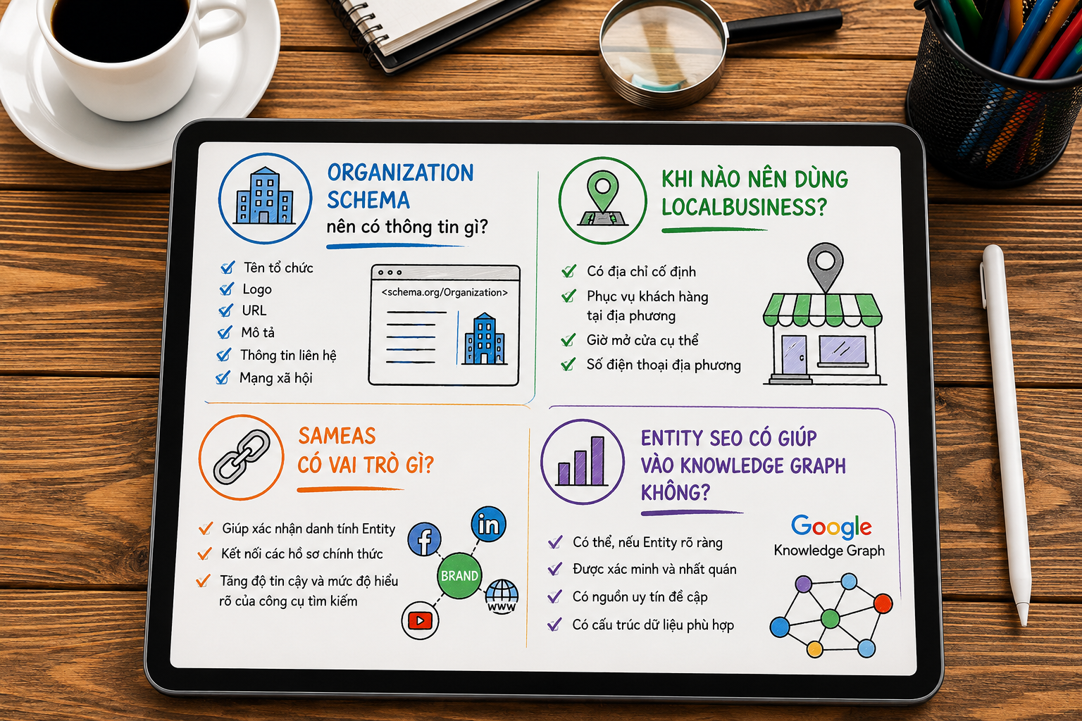 Entity SEO Là Gì? Cách Giúp Google Hiểu Thương Hiệu Và Chủ Đề Website 9 Minh họa vai trò của Organization Schema, sameAs, LocalBusiness và Knowledge Graph trong việc nhận diện thực thể thương hiệu.