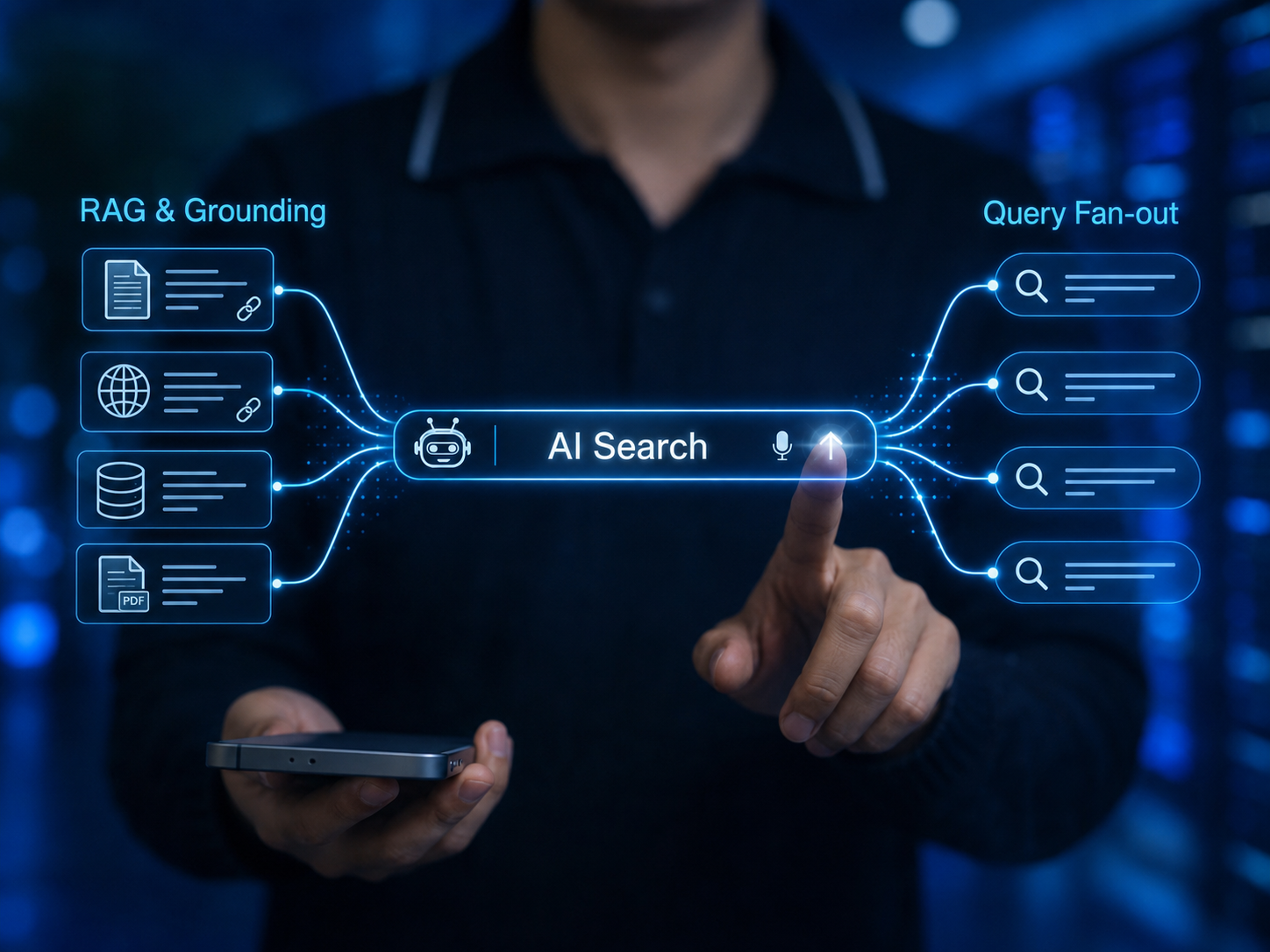 SEO Cho AI Search 2026: Cách Tối Ưu Cho AI Overviews, AEO Và GEO 8 Minh họa cách AI Search sử dụng RAG, Grounding và Query fan-out để tìm nguồn thông tin