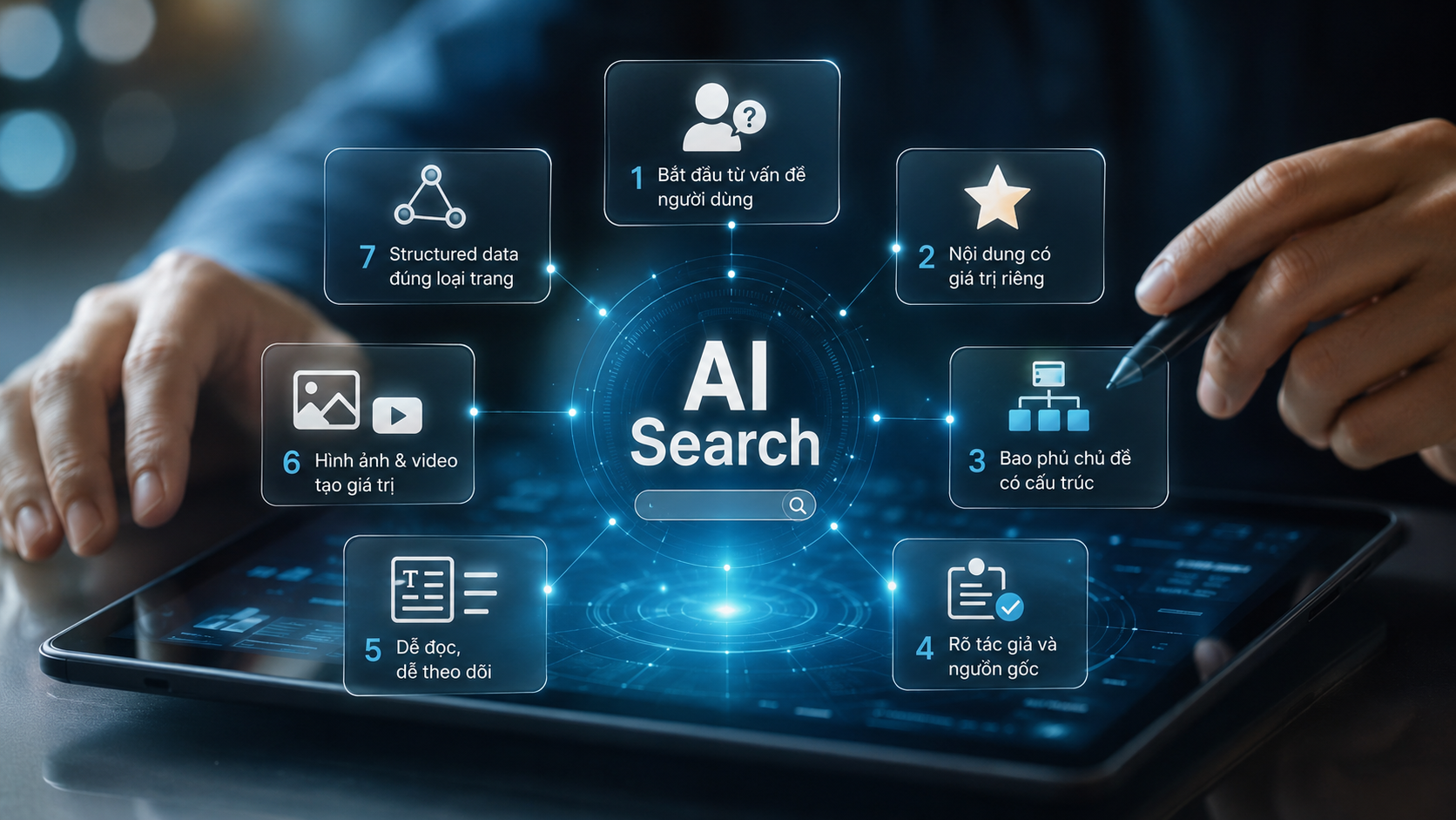 SEO Cho AI Search 2026: Cách Tối Ưu Cho AI Overviews, AEO Và GEO 9 Bảy nguyên tắc tối ưu nội dung cho AI Search, từ search intent đến structured data