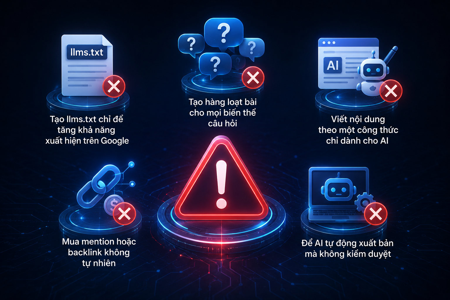 SEO Cho AI Search 2026: Cách Tối Ưu Cho AI Overviews, AEO Và GEO 11 Những cách tối ưu AI Search không nên lạm dụng như tạo llms.txt, nội dung hàng loạt và backlink không tự nhiên