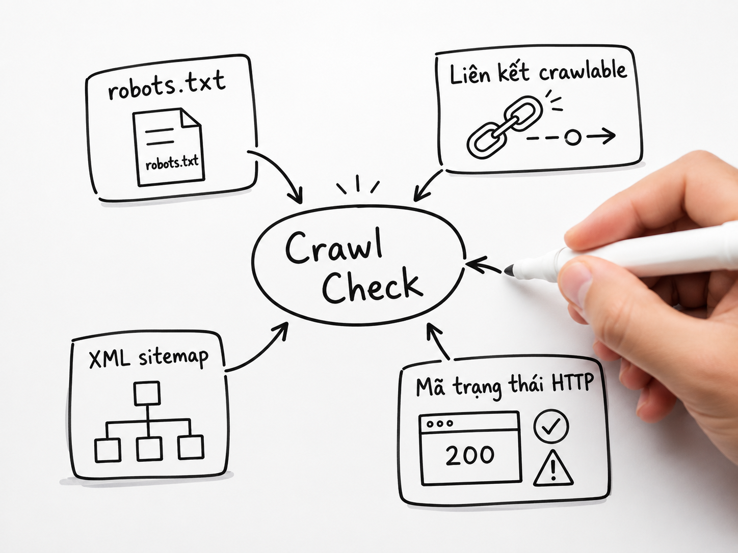 Technical SEO Checklist: Crawl, Render, Index, Canonical Và Core Web Vitals 9 Sơ đồ kiểm tra khả năng crawl của website gồm robots.txt, XML sitemap, liên kết crawlable và mã trạng thái HTTP 200.