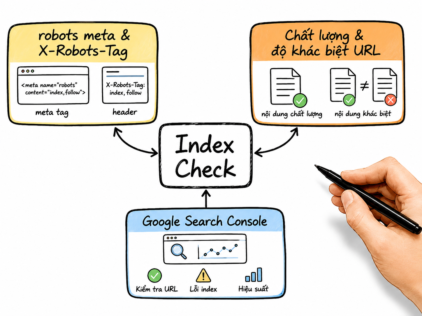 Technical SEO Checklist: Crawl, Render, Index, Canonical Và Core Web Vitals 11 Sơ đồ kiểm tra điều kiện index gồm robots meta, X-Robots-Tag, chất lượng nội dung, độ khác biệt URL và Google Search Console.