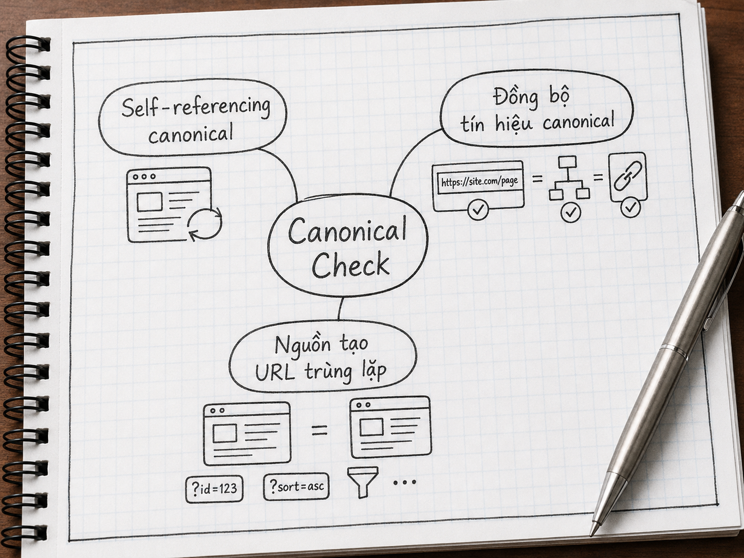 Technical SEO Checklist: Crawl, Render, Index, Canonical Và Core Web Vitals 12 Sơ đồ kiểm tra canonical gồm self-referencing canonical, đồng bộ tín hiệu và các nguồn tạo URL trùng lặp trên website.