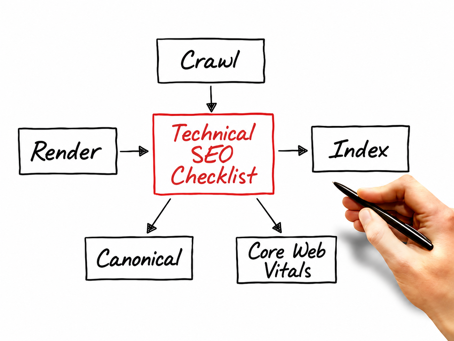 Technical SEO Checklist: Crawl, Render, Index, Canonical Và Core Web Vitals 14 Sơ đồ Technical SEO checklist tổng hợp năm nhóm kiểm tra gồm crawl, render, index, canonical và Core Web Vitals.