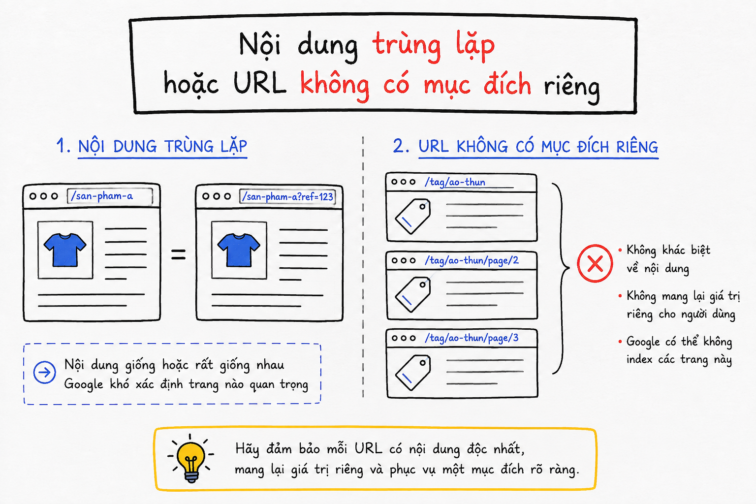 Minh họa nội dung trùng lặp và nhiều URL không có mục đích riêng khiến Google khó chọn trang để index