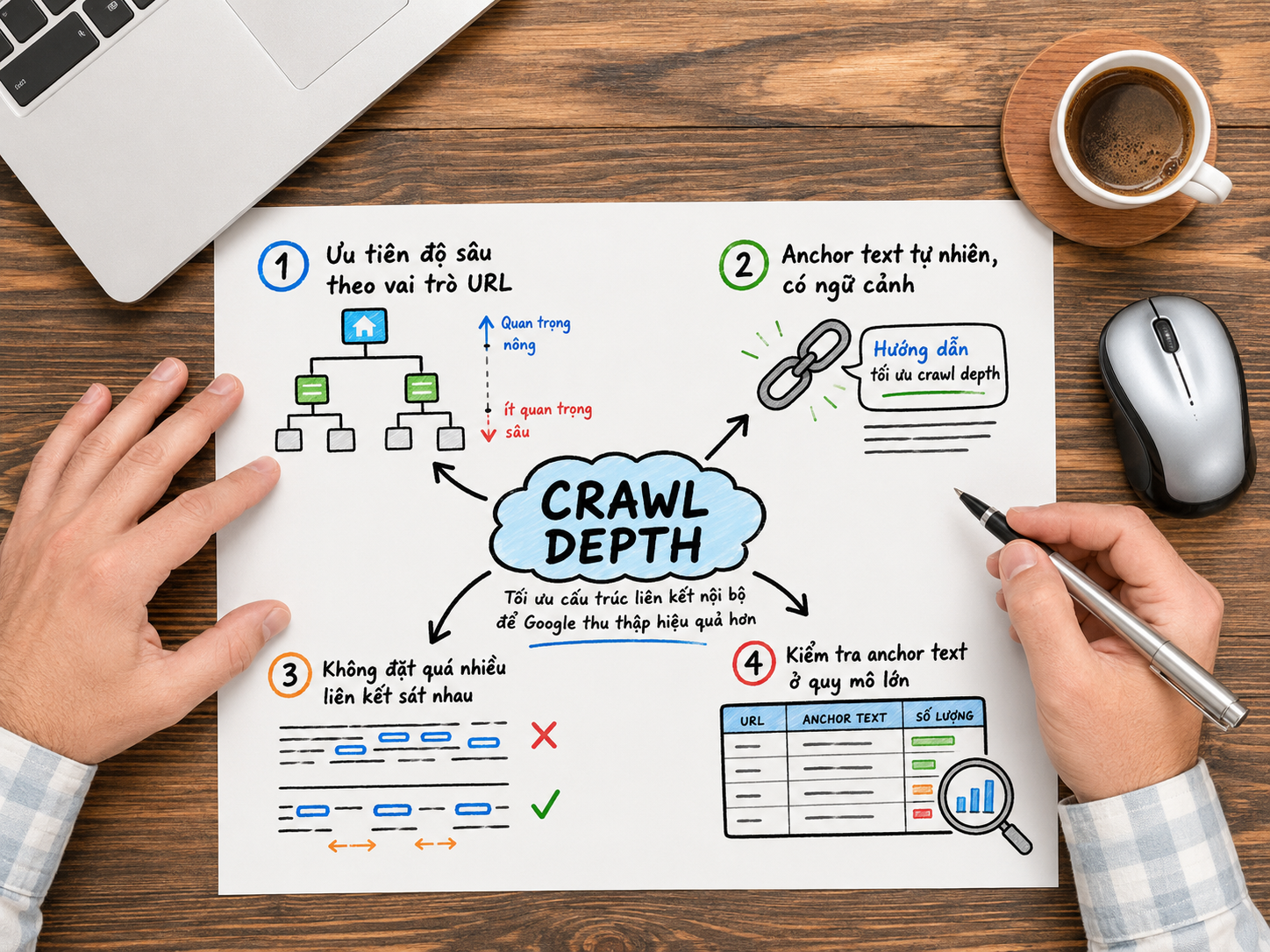 Internal Link Strategy: Cách Xử Lý Orphan Page, Anchor Text Và Phân Phối PageRank 7 Sơ đồ tối ưu crawl depth theo vai trò URL, anchor text và cấu trúc liên kết nội bộ