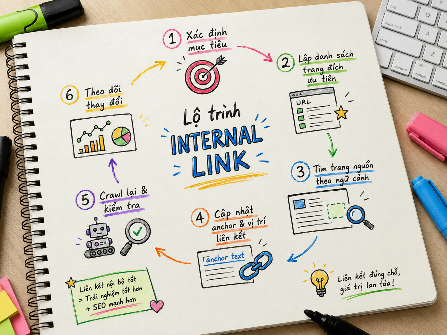 Internal Link Strategy: Cách Xử Lý Orphan Page, Anchor Text Và Phân Phối PageRank 8 Quy trình sáu bước triển khai Internal Link Strategy từ xác định mục tiêu đến theo dõi thay đổi