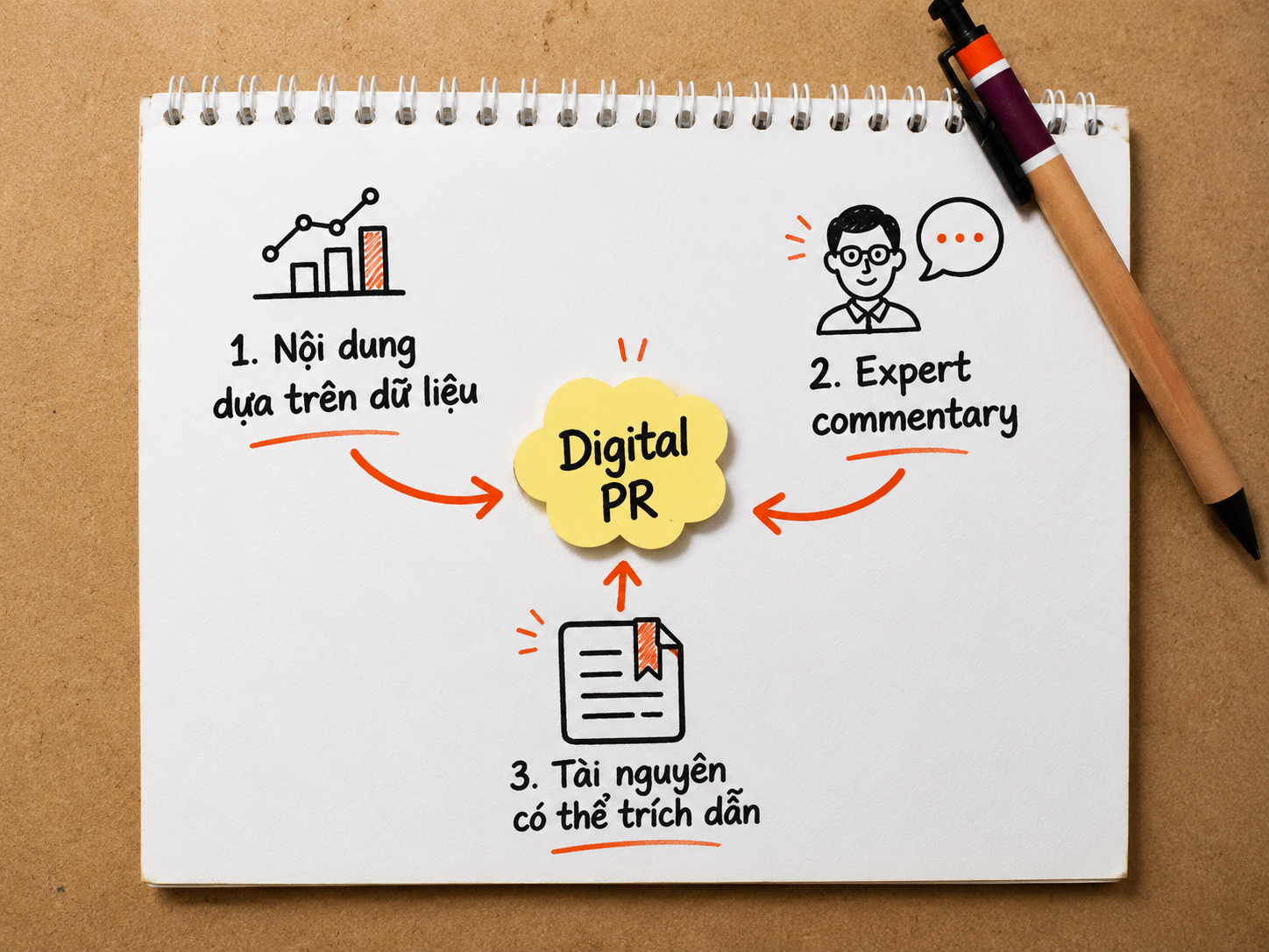 Ba hướng triển khai Digital PR cho SEO gồm nội dung dựa trên dữ liệu, expert commentary và tài nguyên có thể trích dẫn