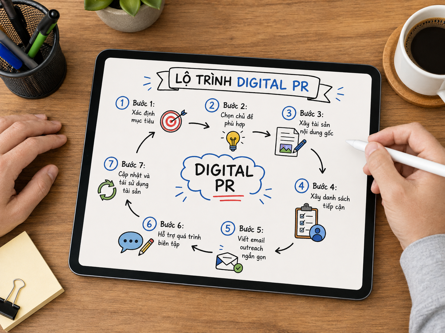 Quy trình 7 bước xây dựng chiến dịch Digital PR cho SEO từ xác định mục tiêu đến cập nhật nội dung