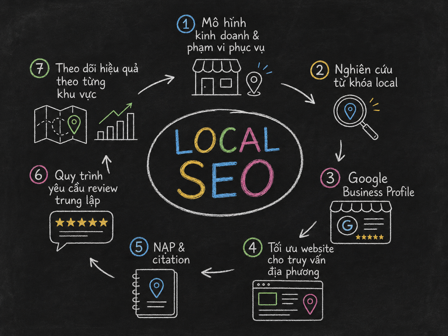 Quy trình Local SEO cho doanh nghiệp dịch vụ gồm bảy bước từ xác định phạm vi đến theo dõi hiệu quả