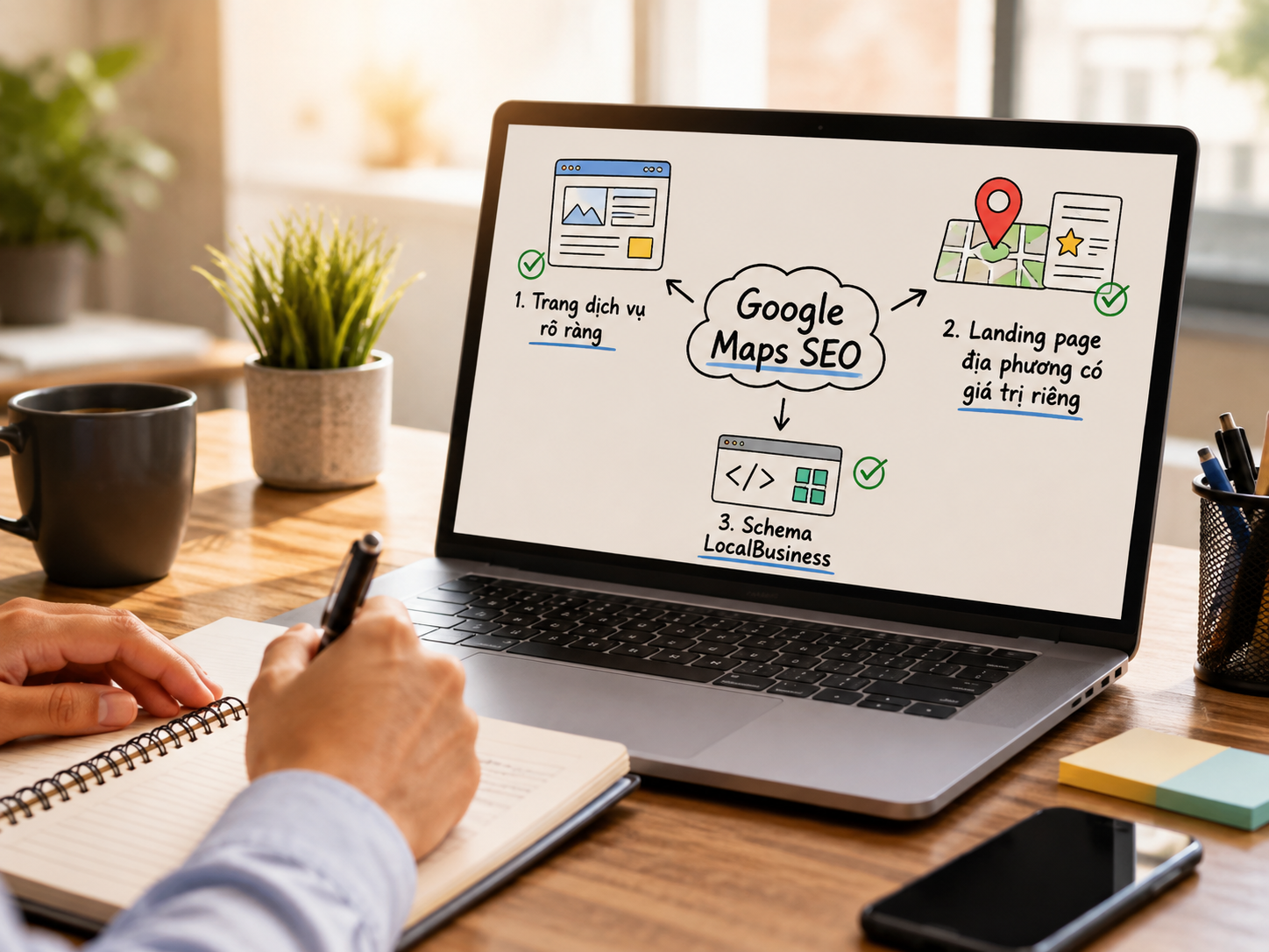 Tối ưu website hỗ trợ Google Maps bằng trang dịch vụ, landing page địa phương và LocalBusiness schema