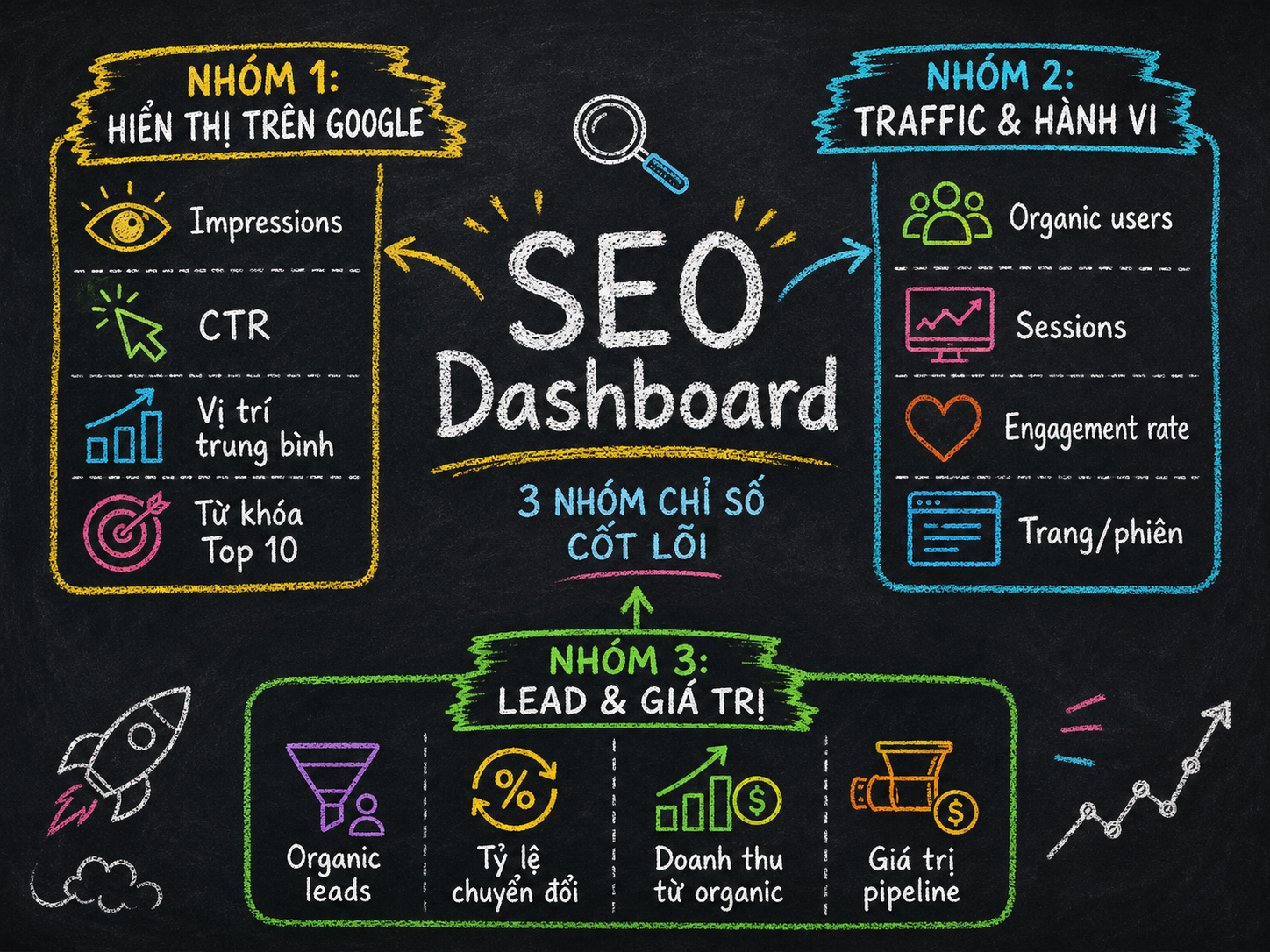 Infographic 12 KPI trong SEO Dashboard gồm chỉ số hiển thị, traffic, hành vi, lead và giá trị kinh doanh