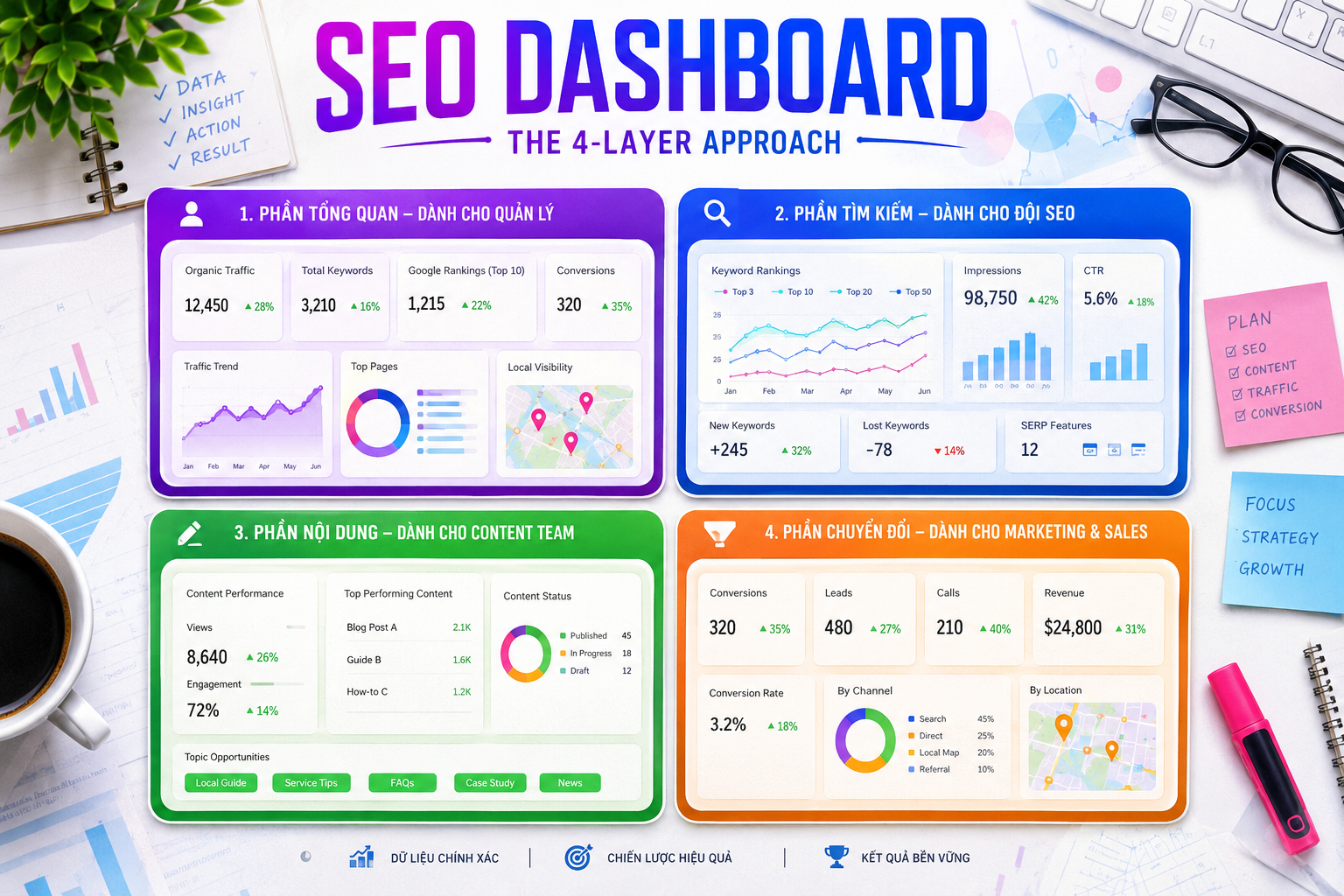 Mô hình tổ chức SEO Dashboard theo bốn tầng gồm tổng quan, tìm kiếm, nội dung và chuyển đổi