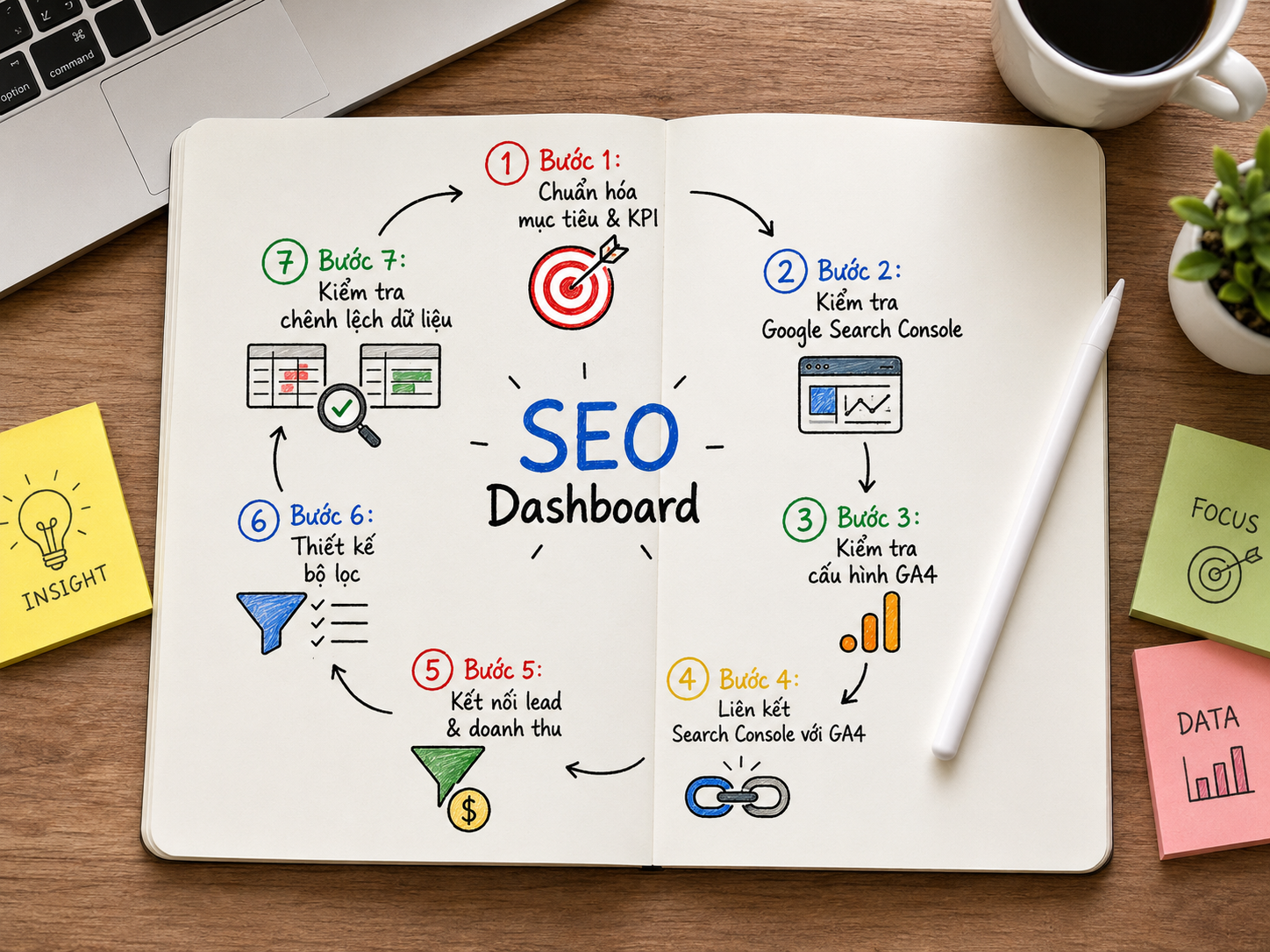 Sơ đồ quy trình xây SEO Dashboard gồm chuẩn hóa KPI, kiểm tra GSC, GA4, kết nối dữ liệu và thiết kế bộ lọc