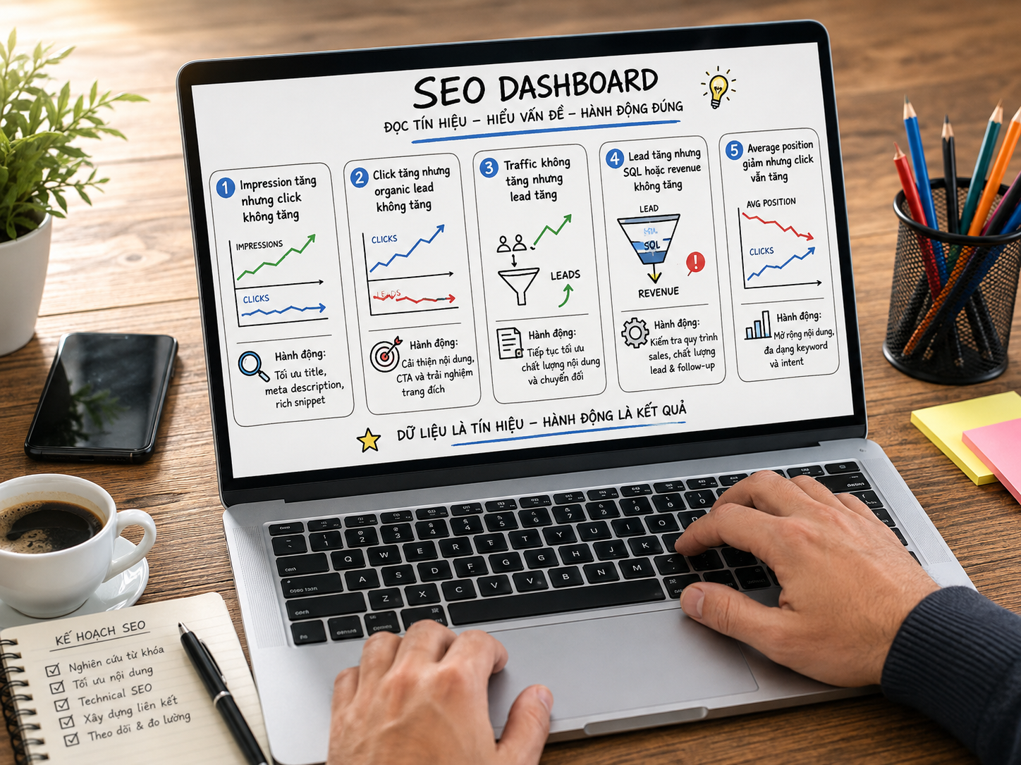 Hướng dẫn đọc SEO Dashboard để phân tích impression, click, traffic, lead và đưa ra hành động SEO phù hợp