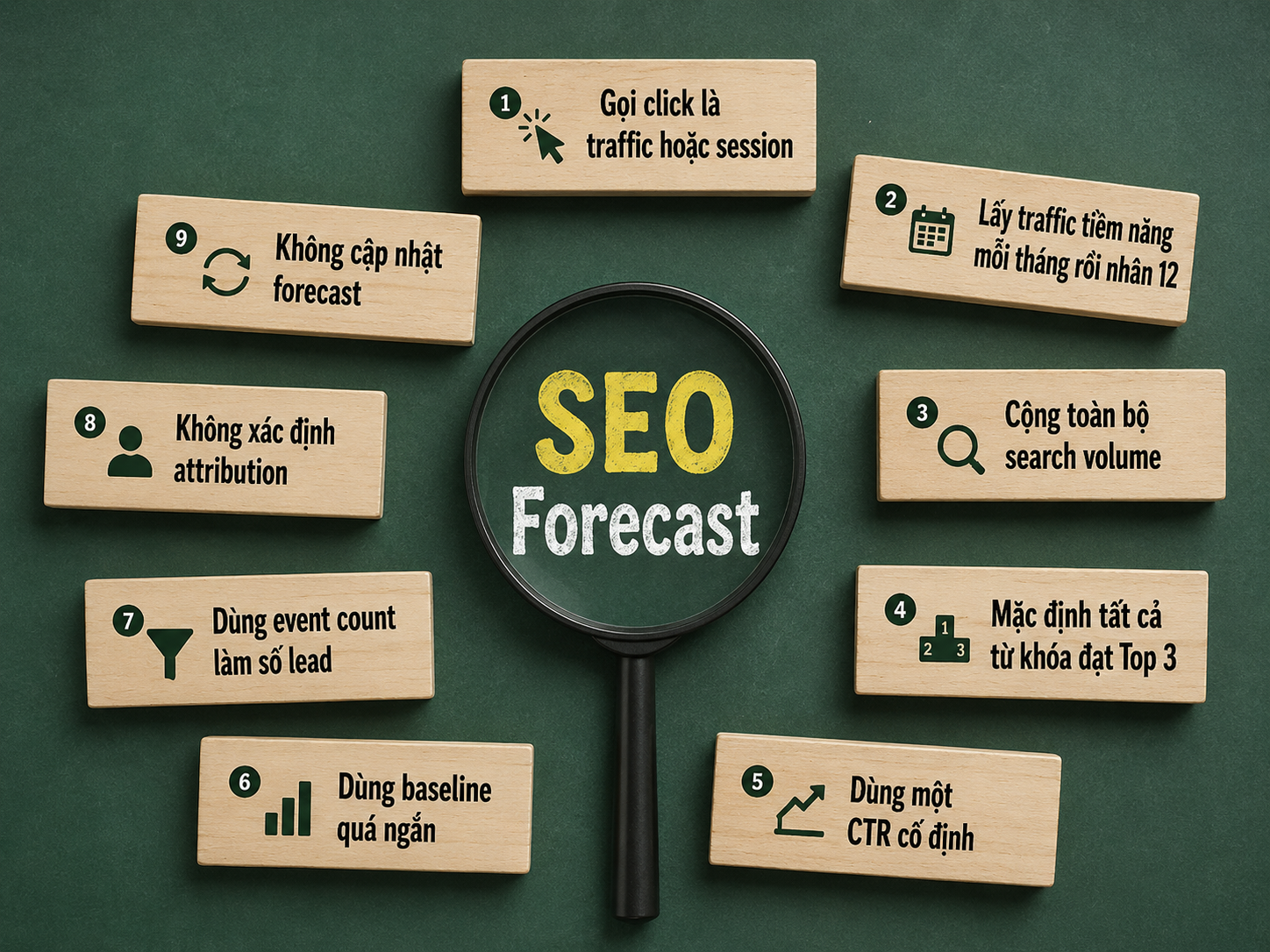 Chín lỗi thường gặp khi dự báo SEO như nhầm click với session, cộng toàn bộ search volume và dùng baseline quá ngắn