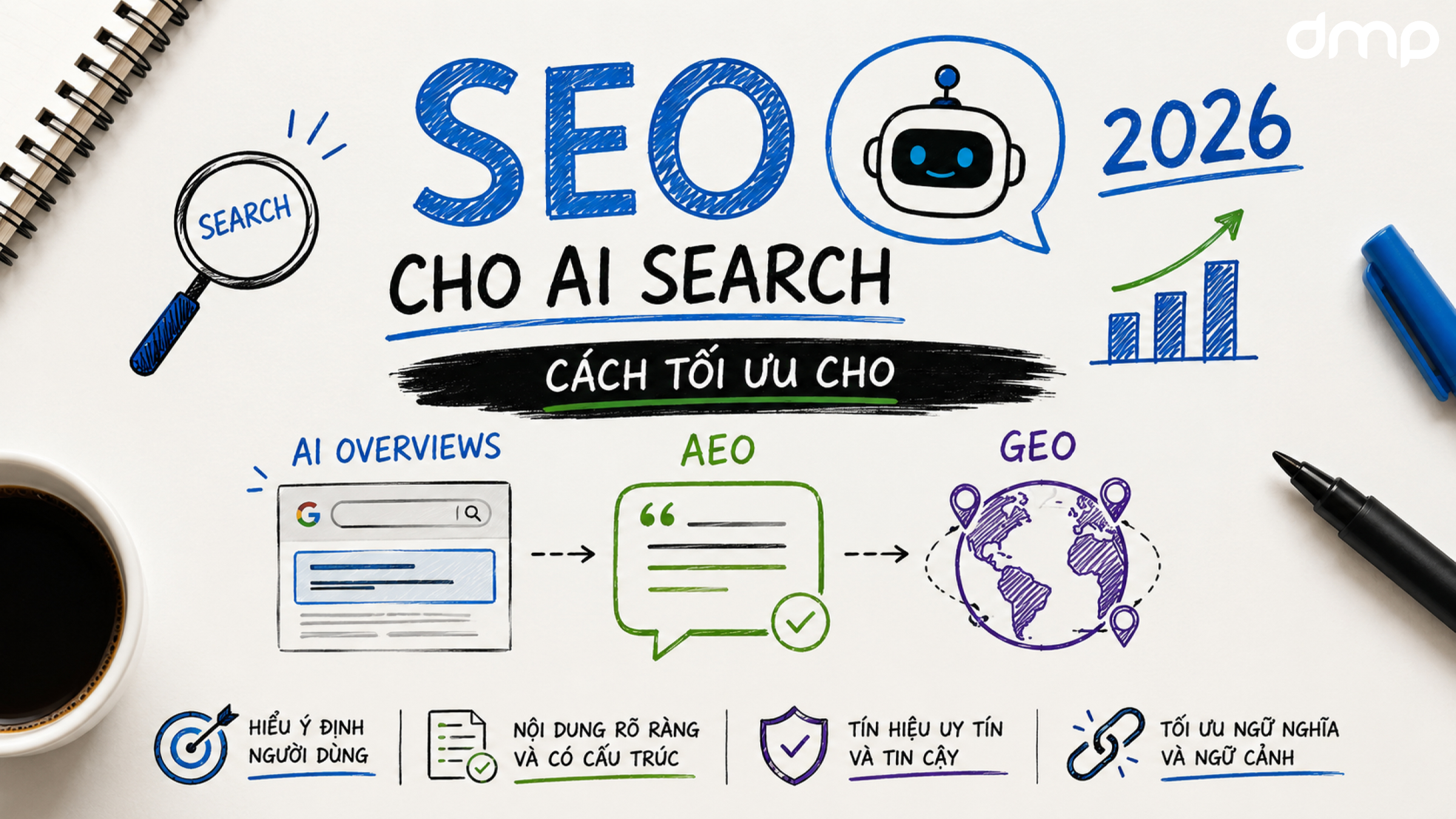 Minh họa SEO cho AI Search 2026 với AI Overviews, AEO và GEO